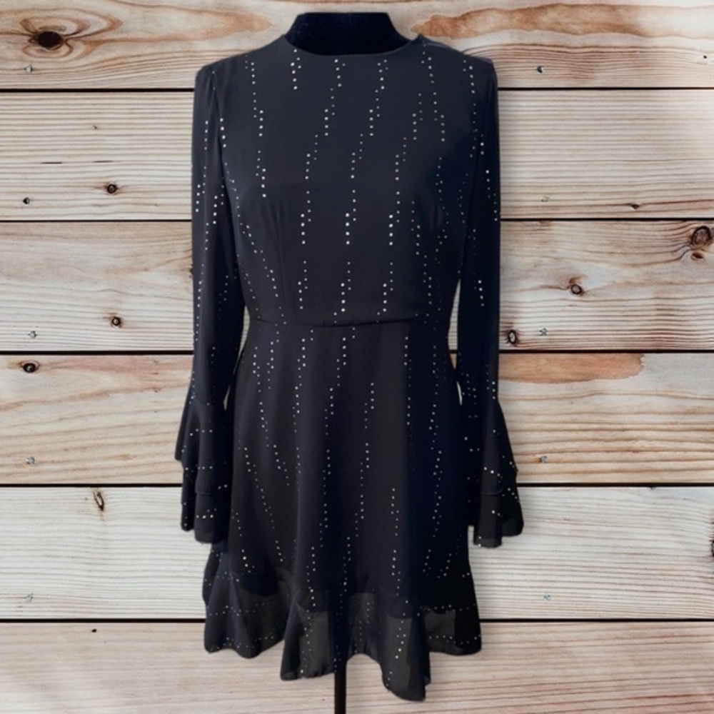 WhoWhatWear Women’s Sparkly Black Polka Dot Long Ruffle Sleeve Dress Size S